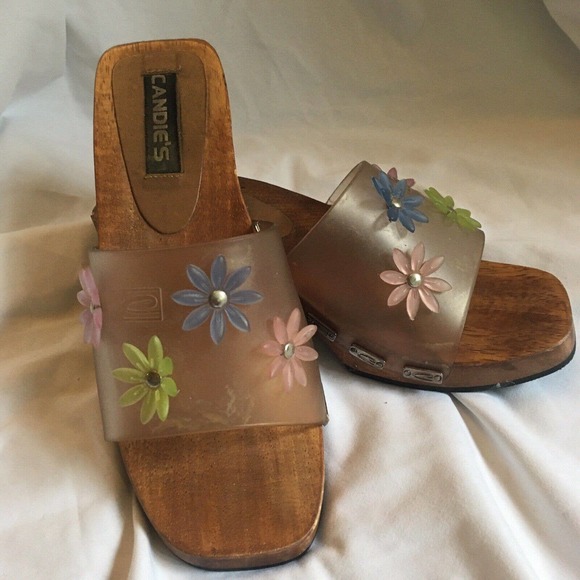 Candies Jelly Clog Clear Wooden Slide Sandal VTG Floral Chunky Womens Size 6 - Picture 3 of 8